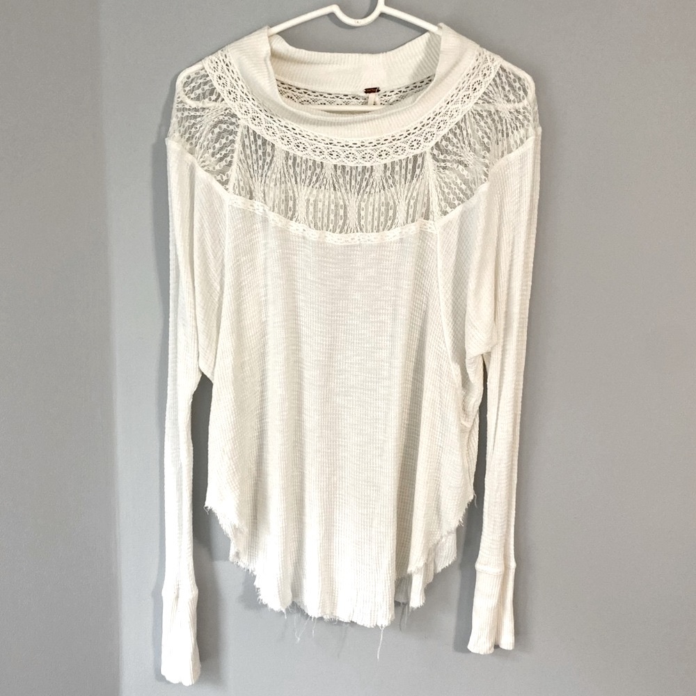 Free People Lace Neck Waffle Soft Long Sleeve Top Sweater Shirt Blouse Small